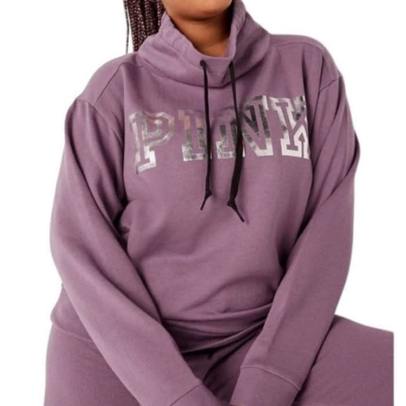 PINK Victoria's Secret Tops - PINK VS Jogger Set (Cowl Neck/ Skinny J) Purple & Silver Foil Block Logo NWOT